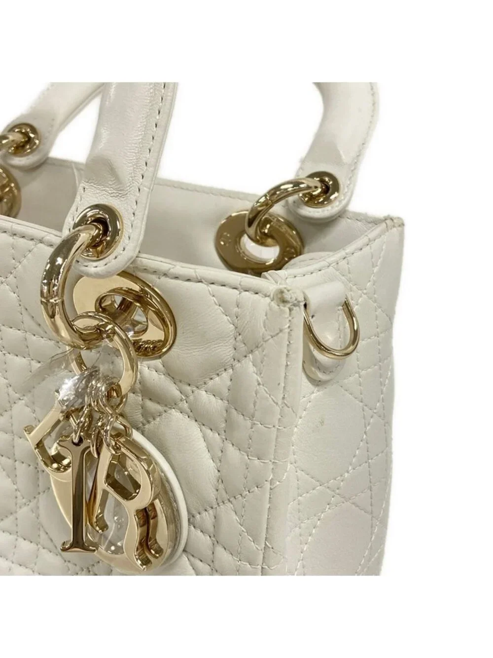Dior Handbag Lady Bag White Gold Leather